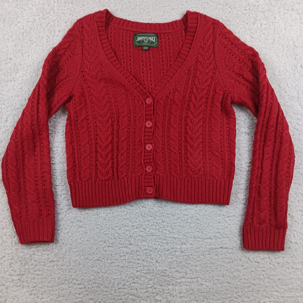 American Eagle Cardigan Sweater Women M Red Cable Knit Metallic Cropped 03873